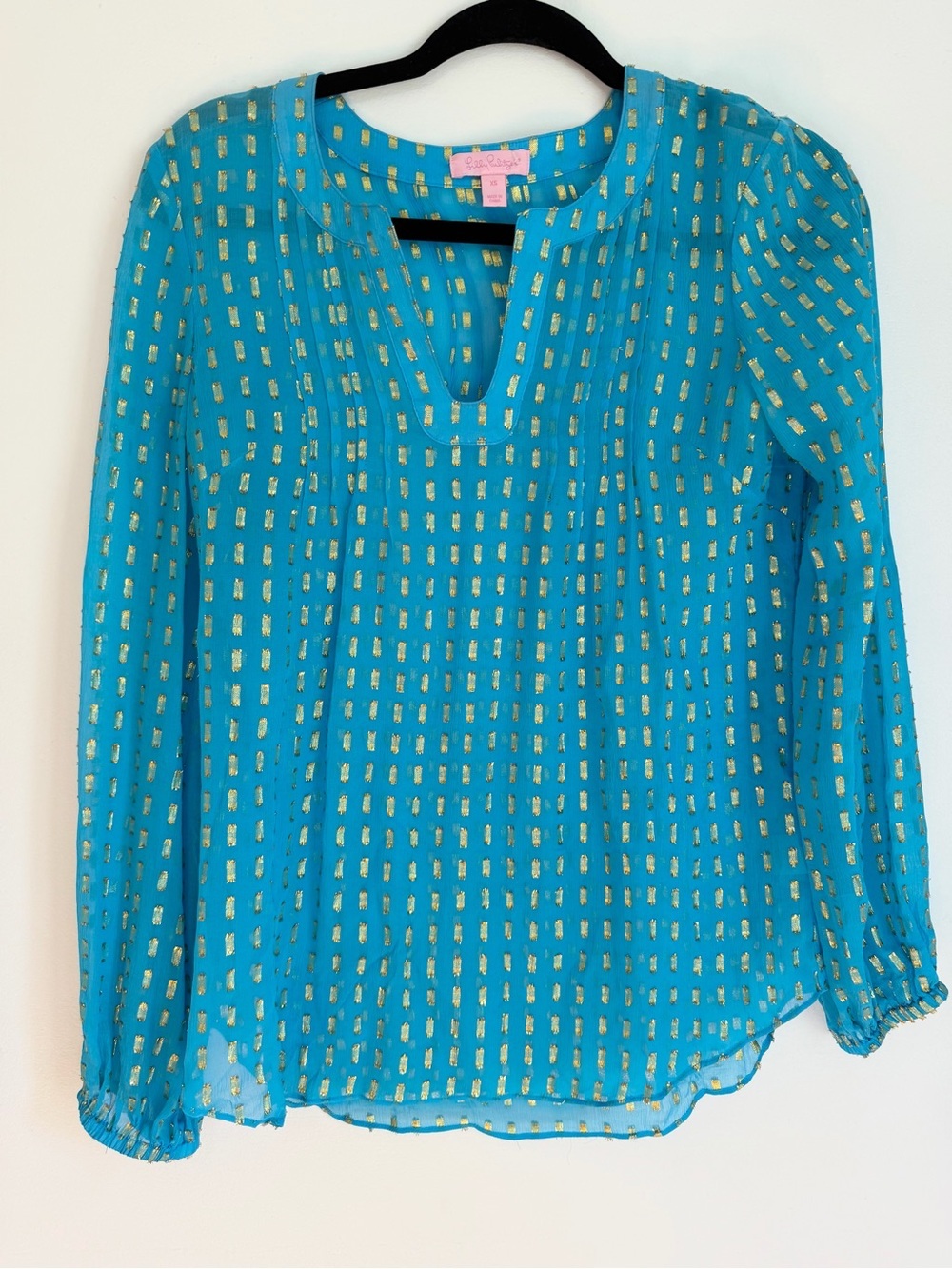 Lilly Pulitzer Colby Sheer Silk Blouse Blue wtih Gold Metallic Accent XS